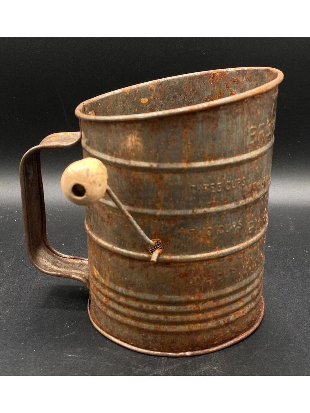 Vintage Bromwells Flour Sifter Hand Crank Tin Kitchen Primitive Rustic Farmhouse